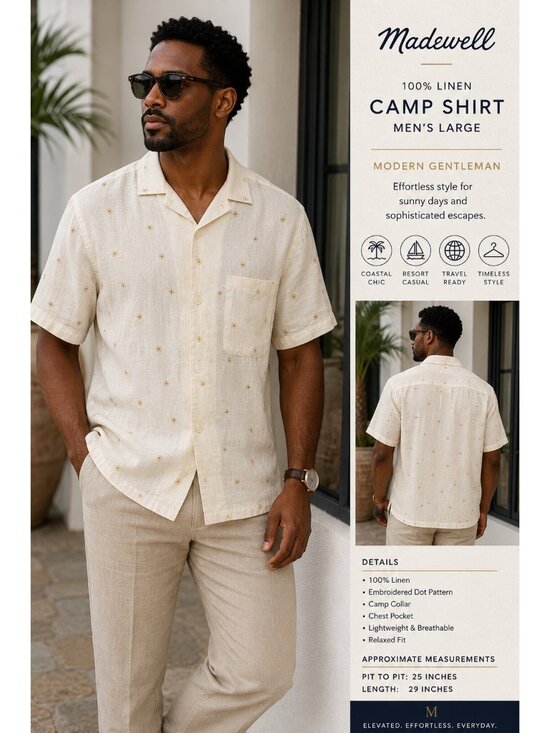 Madewell Other - Madewell Men’s 100% Linen Camp Shirt Large Ivory Embroidered Dot Button Front Co